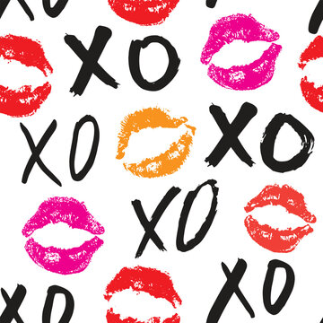 XOXO brush lettering signs seamless pattern, Grunge calligraphic hugs and kisses Phrase, Internet slang abbreviation XOXO symbols, vector illustration isolated on white background