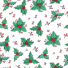 Xmas holly berry seamless pattern christmas holiday vector. 