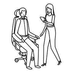 man sitting in office chair and woman with tablet