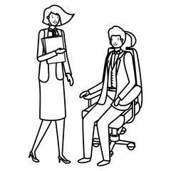 man sitting in office chair and woman with book