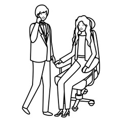 woman sitting in office chair and man standing