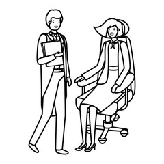 woman sitting in office chair and man with book