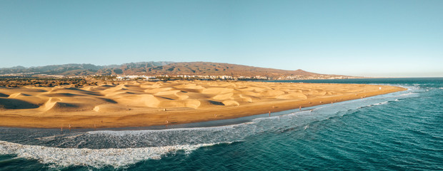 Aerial Maspalomas dunes view on Gran Canaria island near famous RIU hotel. - obrazy, fototapety, plakaty