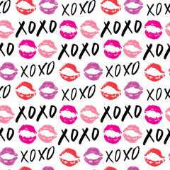 XOXO brush lettering signs seamless pattern, Grunge calligraphic hugs and kisses Phrase, Internet slang abbreviation XOXO symbols, vector illustration isolated on white background