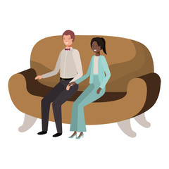 business couple sitting in sofa avatar character