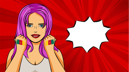 European woman paint hands of national flag Cameroon in pop art style illustration. Element of sport fan illustration for mobile and web apps