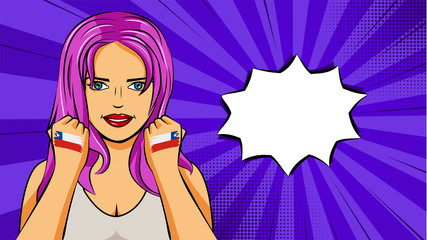 European woman paint hands of national flag Chile in pop art style illustration. Element of sport fan illustration for mobile and web apps