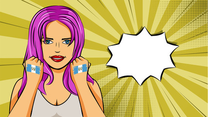 European woman paint hands of national flag Guatemala in pop art style illustration. Element of sport fan illustration for mobile and web apps