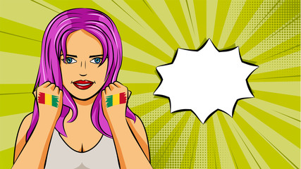 European woman paint hands of national flag Guinea in pop art style illustration. Element of sport fan illustration for mobile and web apps