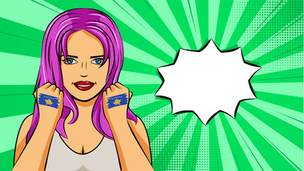 European woman paint hands of national flag Kosovo in pop art style illustration. Element of sport fan illustration for mobile and web apps
