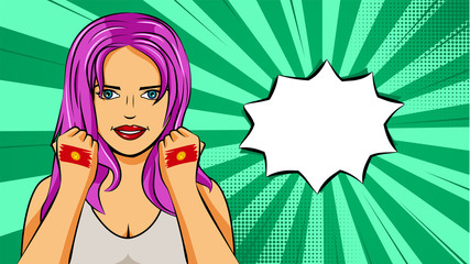 European woman paint hands of national flag Kyrgyzstan in pop art style illustration. Element of sport fan illustration for mobile and web apps