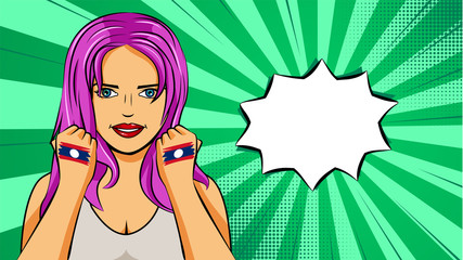 European woman paint hands of national flag Laos in pop art style illustration. Element of sport fan illustration for mobile and web apps