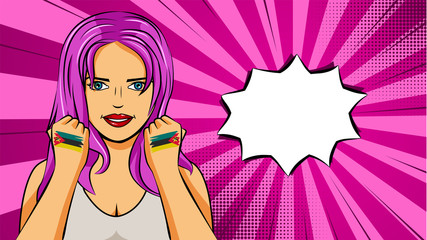 European woman paint hands of national flag Mozambique in pop art style illustration. Element of sport fan illustration for mobile and web apps