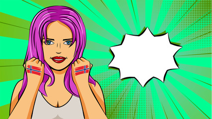 European woman paint hands of national flag Norway in pop art style illustration. Element of sport fan illustration for mobile and web apps