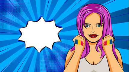 European woman paint hands of national flag Romania in pop art style illustration. Element of sport fan illustration for mobile and web apps
