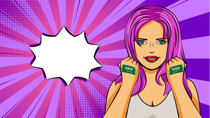 European woman paint hands of national flag Saudi Arabia in pop art style illustration. Element of sport fan illustration for mobile and web apps