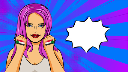 European woman paint hands of national flag Sudan in pop art style illustration. Element of sport fan illustration for mobile and web apps