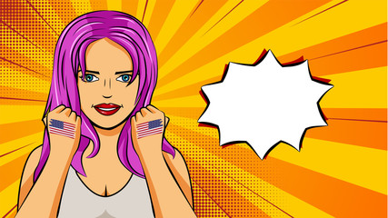 European woman paint hands of national flag USA in pop art style illustration. Element of sport fan illustration for mobile and web apps
