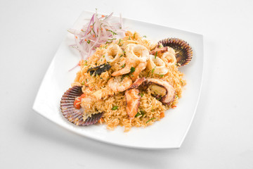 Peruvian food: Rice with seafood.
