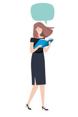 business woman wit book and speech bubble