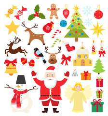 Obraz na płótnie Canvas Set of Christmas elements icons, snowman,gifts, snowflakes, candy and deer in cartoon flat style