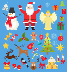 Set of Christmas characters and elements icons, santa and snowman and deer in cartoon flat style