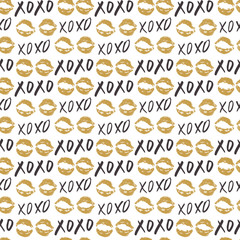 XOXO brush lettering signs seamless pattern, Grunge calligraphic hugs and kisses Phrase, Internet slang abbreviation XOXO symbols, vector illustration isolated on white background