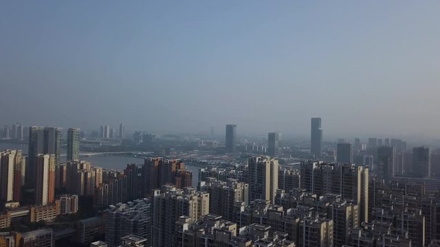 Aerial shot of living buildings block of Liede Village in Guangzhou, China on a sunny day in the afternoon