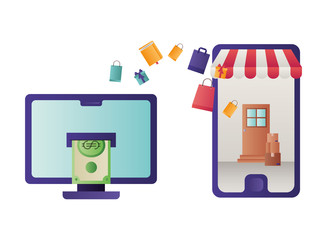 computer screen with dollar and smartphone