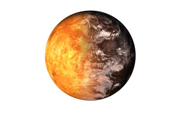 Half planet Mars with atmosphere with half Venus planet of solar system isolated on white background. Death of the planet. Elements of this image were furnished by NASA. For any purprose use.