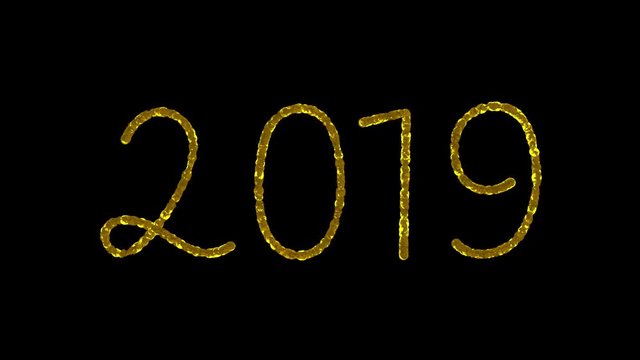 Number 2019 of sparkling golden particles looms gradually, flickers and also gradually disappears. Holiday date 2019 New Year. Included alpha channel for use in motion design