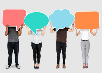 Diverse people showing speech bubble symbols