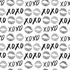 XOXO brush lettering signs seamless pattern, Grunge calligraphic hugs and kisses Phrase, Internet slang abbreviation XOXO symbols, vector illustration isolated on white background
