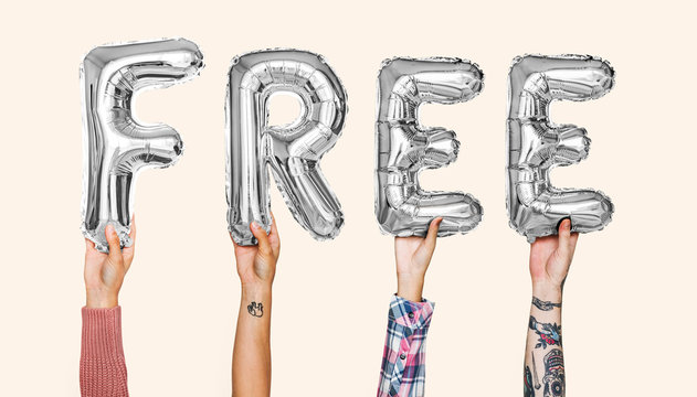 Silver gray alphabet balloons forming the word free