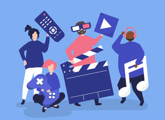Characters of people holding multimedia icons illustration