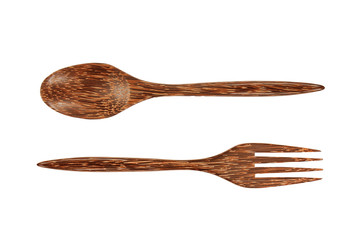 Wooden fork and spoon made from Palm Wood Isolated on White Background