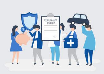 Characters of people holding insurance icons illustration