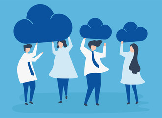 Characters of business people holding cloud icons illustration