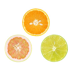 Slice of fresh orange with lime and pomelo citrus fruit iisolated on white background