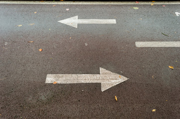 asphalt road with drawn arrows pointing to two directions. Making decisions and making choices