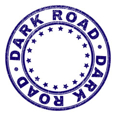 DARK ROAD stamp seal watermark with grunge style. Designed with round shapes and stars. Blue vector rubber print of DARK ROAD tag with grunge texture.
