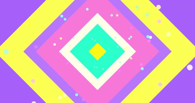 4K motion graphics of stylish background. Purple, pink, white, green, yellow squares and colorful dots. 4096x2160 resolution. (Looped)
