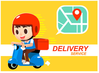 Vector cute delivery man riding scooter with GPS map graphic