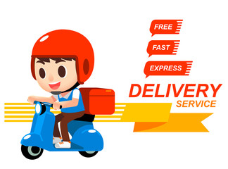 Vector cute delivery man riding scooter with GPS map graphic