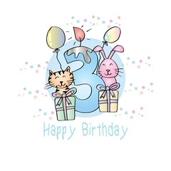 Happy birthday  with candle and cute animals