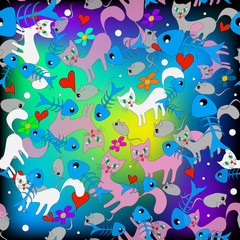 Naklejka na ściany i meble Colorful doodle cartoon cats vector seamless pattern. Bright hand drawn babysh background. Repeat kittens backdrop. Decorative ornament with cats, mice, fish bones, polka dots, love hearts, flowers