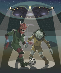 The aliens came to play football/ The aliens came to the stadium of the world to play football and show their skills in controlling the ball and scoring goals in the ring! © arefiks975