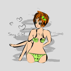 Vector illustrated hand drawn, doodle cartoon girl.