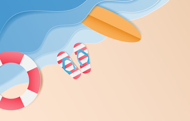 Topview of the beach with sandals, surfboard,Swim Tube. Summer background, Paper art style. Vector illustration