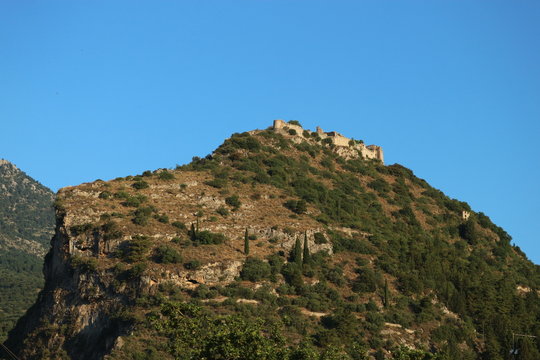 Landscape with Villehardouin's Castle in medieval Mystras, Greece